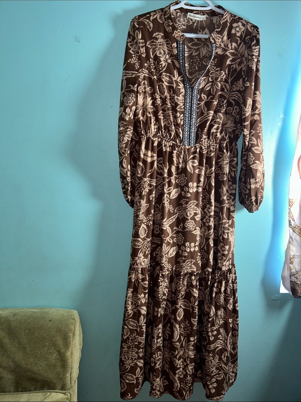Brown Floral Long Sleeve Maxi Dress with Trim Detail